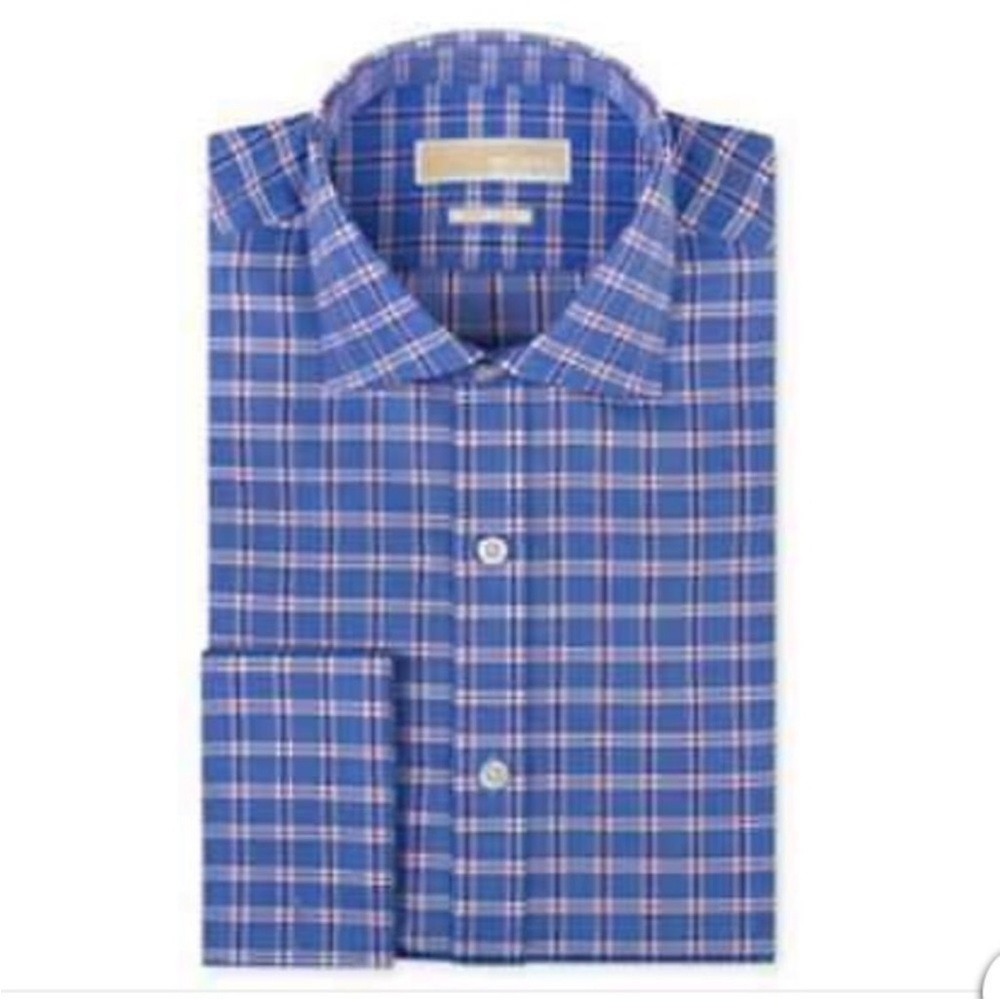 Michael Kors Blue Plaid  Button Down Non Iron Shirt 16 1/2 36/37 French Cuff Sle